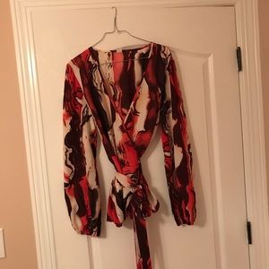 Women's Long Sleeve Wrap V Neck Belted Blouse. Size XL, Red, multi color